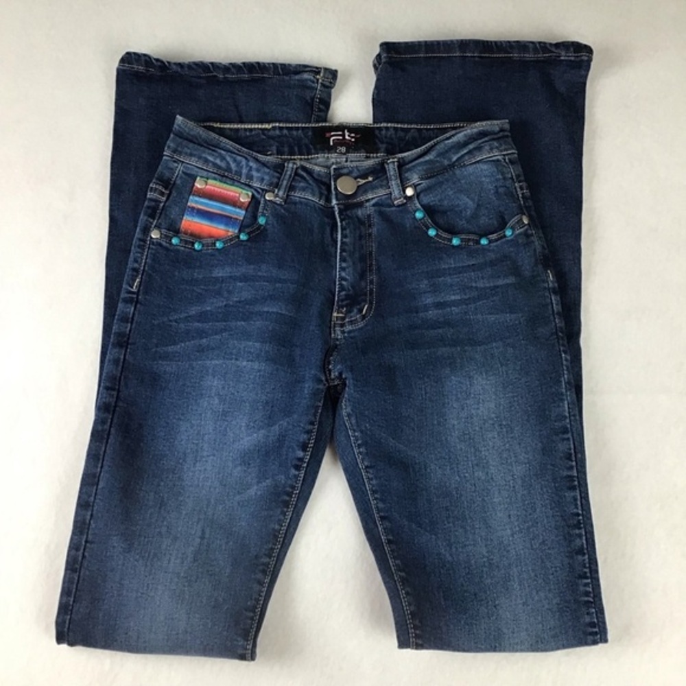 RanchDressen’ by Fallon Taylor Medium Blue Boot Cut Jeans with Serape Accents
